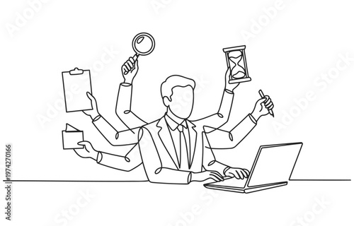 Multitasking businessman juggling multiple tasks with many hands at desk magnifying glass time management project management multitasking businessman efficiency productivity juggling deadline
