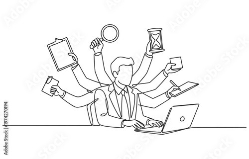 Multitasking businessman juggling multiple tasks with many hands at desk magnifying glass time management project management multitasking businessman efficiency productivity juggling deadline