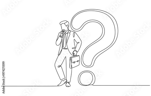 Businessman in suit contemplating a giant question mark with line art white background career path business decision businessman thinking confusion business decision strategy challenge