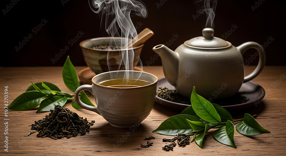 Fototapeta premium Relaxing tea time concept with teapot and hot beverage at home