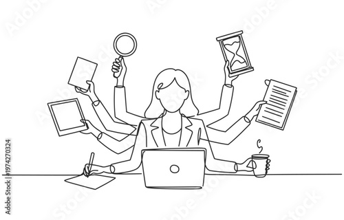 Overwhelmed employee with multiple arms handling various work responsibilities magnifying glass line art multitasking employee responsibilities illustration business efficiency productivity