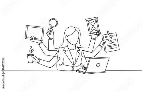 Woman with many arms managing work tasks and devices magnifying glass line art fast paced multitasking superwoman illustration business efficiency productivity management
