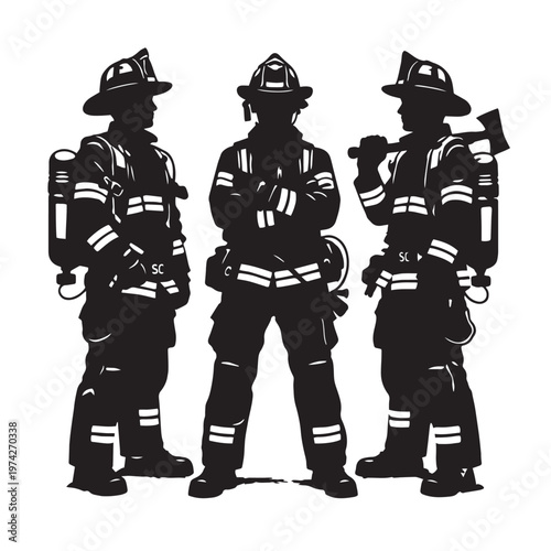 Firefighter silhouette vector illustration, brave firemen team in full protective gear and helmets, emergency rescue service personnel with axe