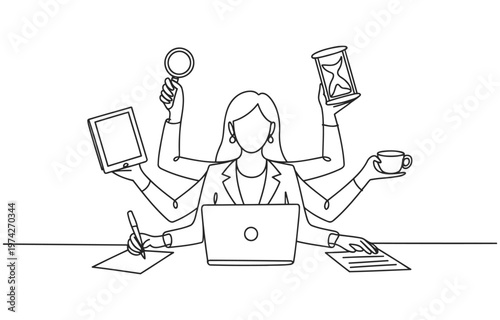 High capacity worker with multiple limbs performing diverse office activities magnifying glass line art multitasking activities illustration business efficiency productivity management