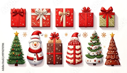 Festive illustration featuring colorful wrapped presents, snowmen, and evergreen trees for holiday celebrations