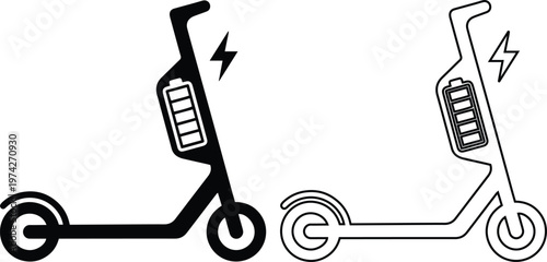 Electric scooter icon with a battery and lightning symbol, representing eco-friendly urban mobility, clean energy transport, and modern city travel concepts.