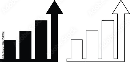 Minimalist flat vector icon set featuring a rising business bar graph chart with an upward growth arrow in solid black silhouette and linear outline styles isolated on white.