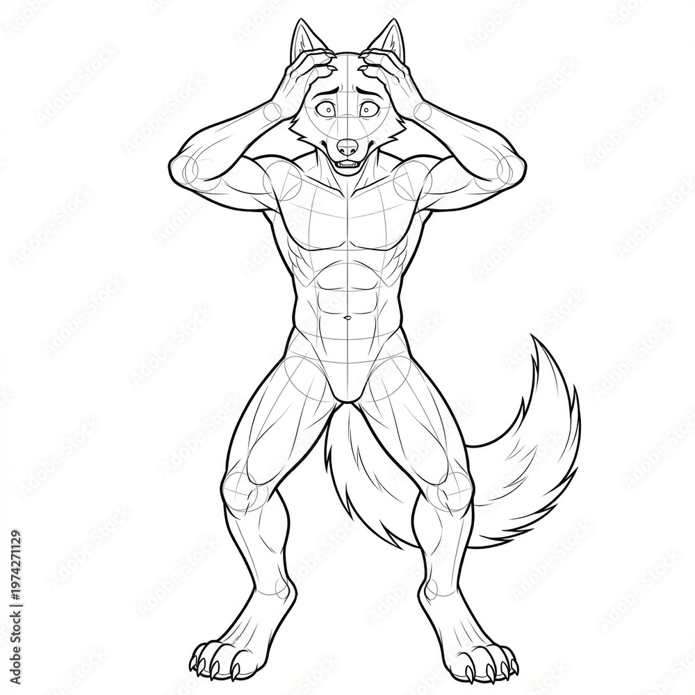 Fototapeta premium Hand drawn sketch of male canine furry base holding head with both hands in extreme panic isolated.