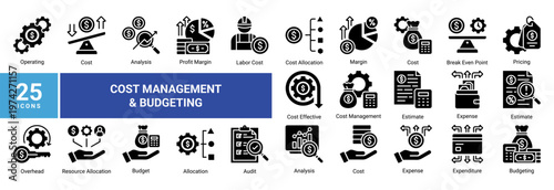 Cost management icon set with 25 icons including budget,expense,pricing,cost analysis,and financial control.Suitable for business,accounting,UI,and infographic design.