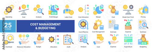 Cost management icon set with 25 icons including budget,expense,pricing,cost analysis,and financial control.Suitable for business,accounting,UI,and infographic design.