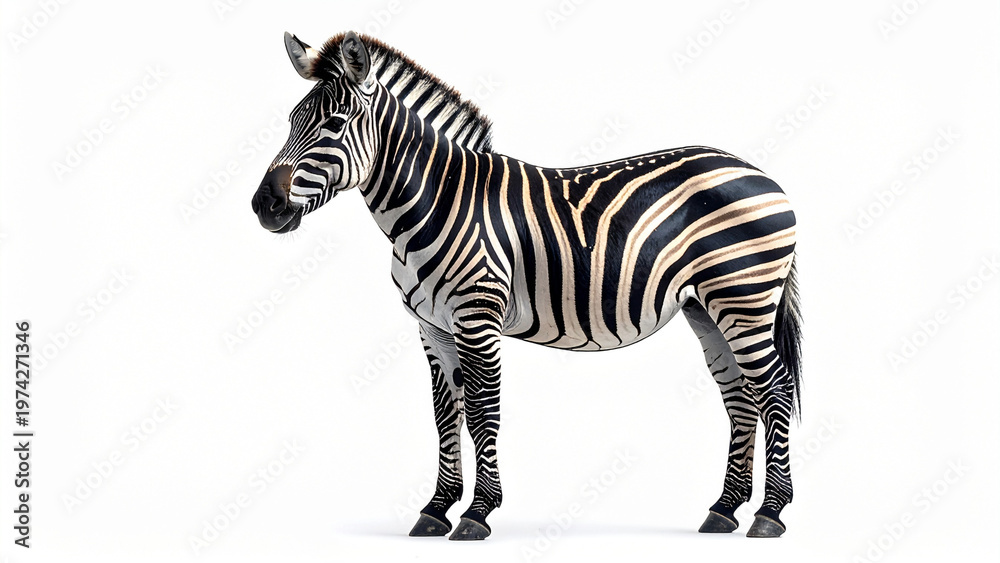 Obraz premium Zebra side profile standing still isolated on clean background, black and white striped animal wildlife portrait with copy space, minimal composition, high detail safari mammal photography