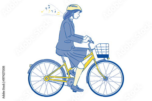 自転車に乗りながら音楽を聴いている女子高校生 2C