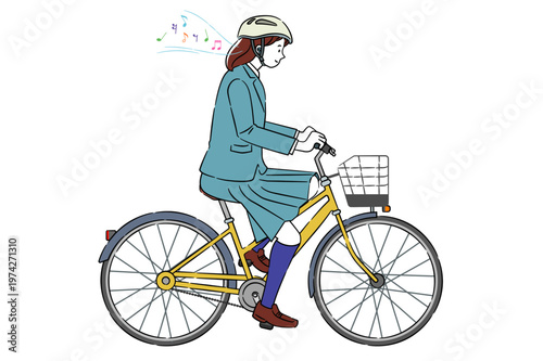 自転車に乗りながら音楽を聴いている女子高校生 4C