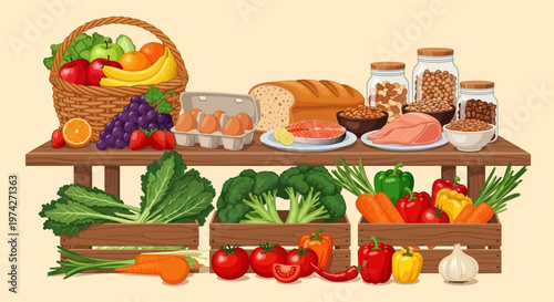 Healthy Balanced Diet Illustration: Assorted Fresh Vegetables, Fruits, Proteins, and Grains on a Rustic Wooden Table for Nutrition and Wellness Concept