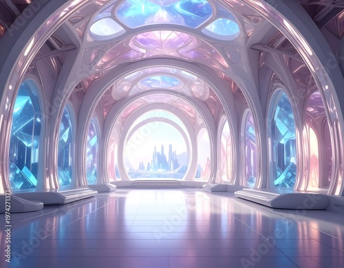 Futuristic interior with archways and panoramic windows, showcasing a city and ethereal sky. Gleaming white surfaces and soft lighting create a serene atmosphere