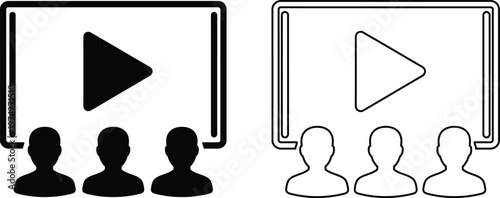 Vector icon set featuring an audience of people watching a video presentation on a large multimedia cinema screen in solid black silhouette and linear outline styles.