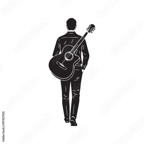 Silhouette of a male musician walking away carrying an acoustic guitar on his back vector illustration
