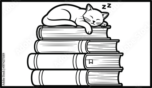 Cute Cat Sleeping on Stack of Books Minimalist Line Art Illustration