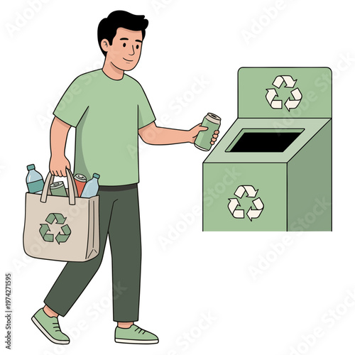 Man throwing recyclable materials into recycling bin with bag