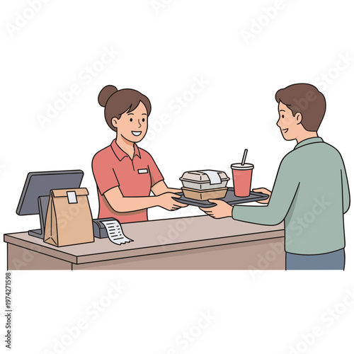 Woman handing food and drink to man at restaurant counter indoors