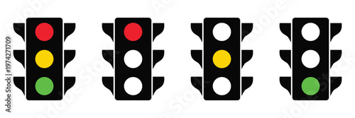 Traffic Light Icon Set in Flat, Realistic and Modern Styles Vector with Red, Yellow and Green Signals for Road Safety 
and Navigation Design