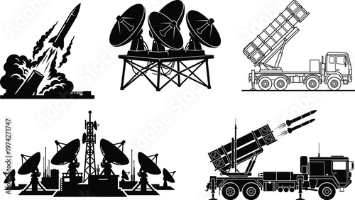 Black and white of military equipment and satellite systems radar missile