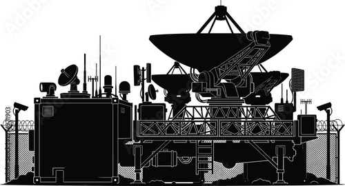 Black and white of a satellite dish and communication equipment on a platform industrial