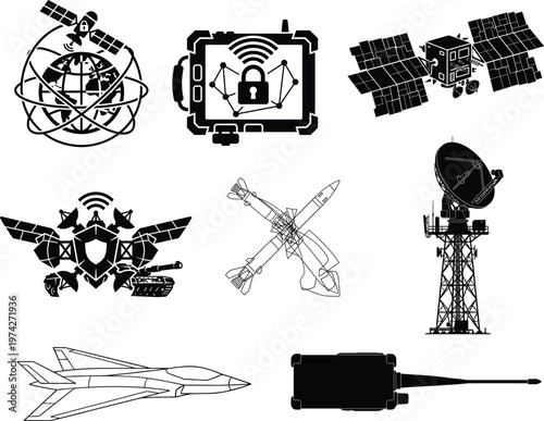 Black and white of various military and communication technology satellite solar panel cell tower missile