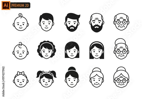 People Avatar Icon Set: Life Cycle Stages from Infancy to Senior. Flat Line Art Portraits of Baby, Child, Young Adult, and Elderly Men and Women.