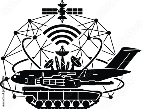 Black silhouette of airplane on tank with satellite and radar systems military