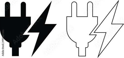 Vector icon set featuring an electrical power plug and a lightning bolt flash for energy charging in solid black silhouette and linear outline styles.