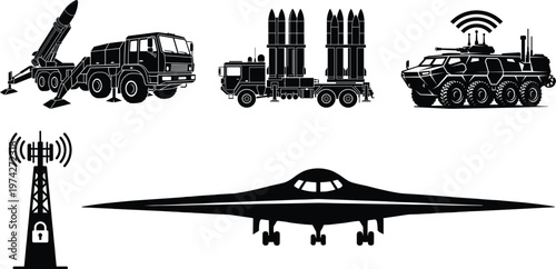 Black silhouettes of military vehicles and aircraft with communication symbols white background