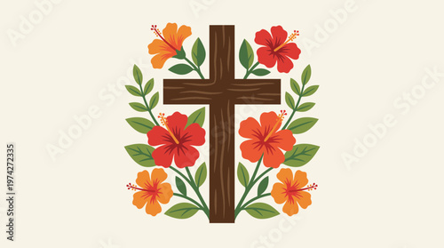 Catholic Cross and Hibiscus Floral Art