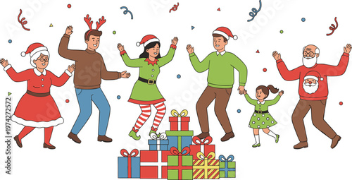 Vector illustration of joyful Christmas celebration with people dancing around gifts in festive holiday scene