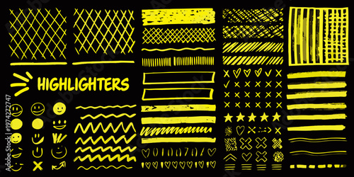 Bright yellow highlighter marks and doodles on a black background silhouette