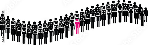 Vector illustration of stick figure group with one highlighted pink figure symbolizing individuality and uniqueness