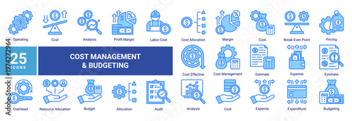 Cost management icon set with 25 icons including budget,expense,pricing,cost analysis,and financial control.Suitable for business,accounting,UI,and infographic design.