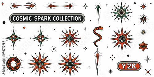 Retro cosmic designs with stars snakes and geometric shapes silhouette