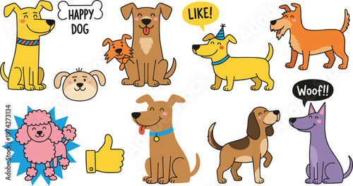 Vector illustration of cheerful cartoon dogs with speech bubbles, party hats, and playful expressions in colorful design