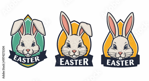 Three stylized Easter bunny emblems with varying backgrounds and a festive ribbon