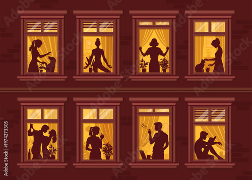 People silhouettes in neighborhood night windows. Woman combs a hair, practices yoga, person waters plants, someone pets a cat, while others drink wine, smoke or read by lamplight. Urban lifestyle