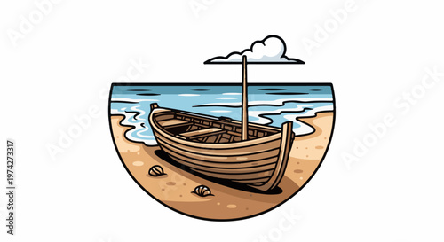 A wooden rowboat rests on a sandy beach by the ocean under a single cloud