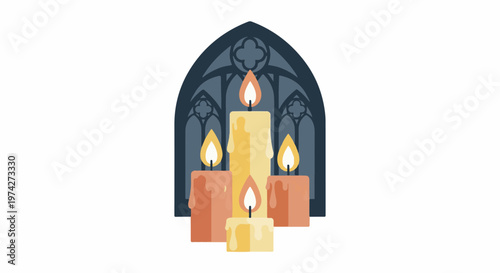 Five lit candles glow before a gothic window with intricate stonework details