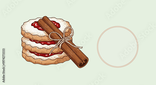 Stacked round cookies with berry filling, dusted with powdered sugar and tied with cinnamon sticks