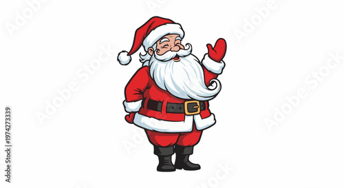 A cheerful, cartoon-style Santa Claus in his classic red suit, waving and winking