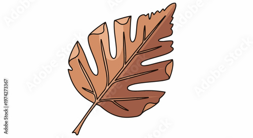 Stylized illustration of a brown autumn leaf with serrated edges and visible veins