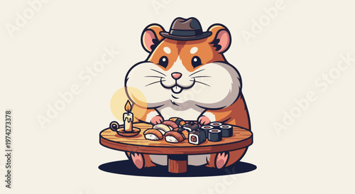 A charming hamster in a hat enjoys a sushi meal by candlelight