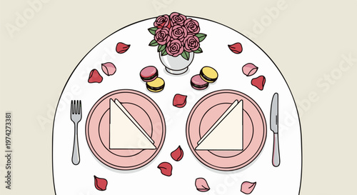 Romantic table setting for two with rose bouquet, macarons, and sandwiches