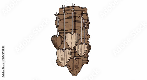 Rustic wooden hearts hang from a textured wood plaque