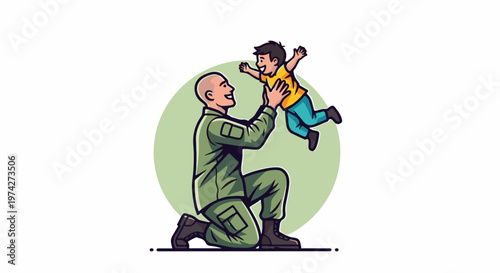 Soldier returns home and joyfully lifts his son into the air
